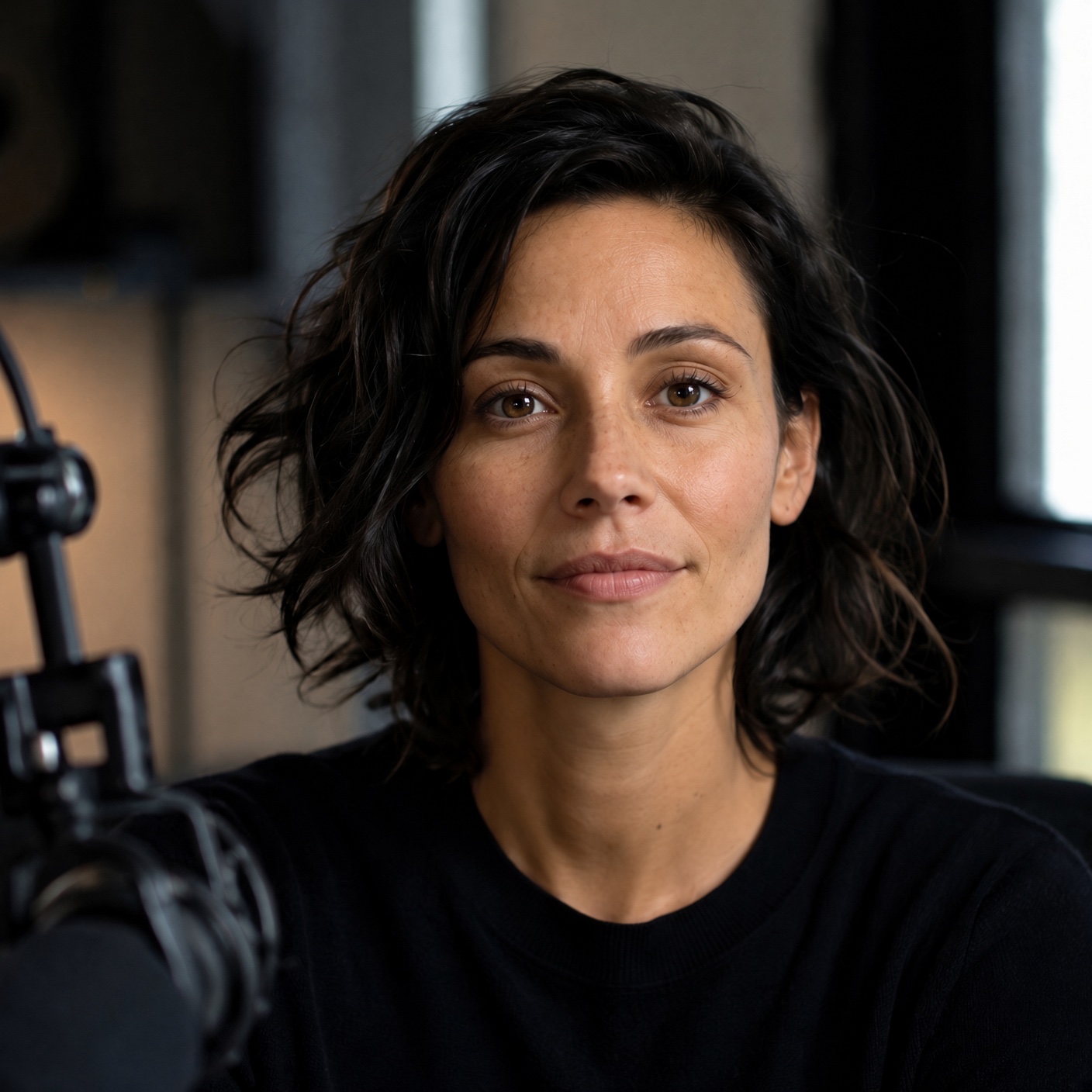 Une femme assise devant un micro de studio, regard calme tourné vers l'objectif.