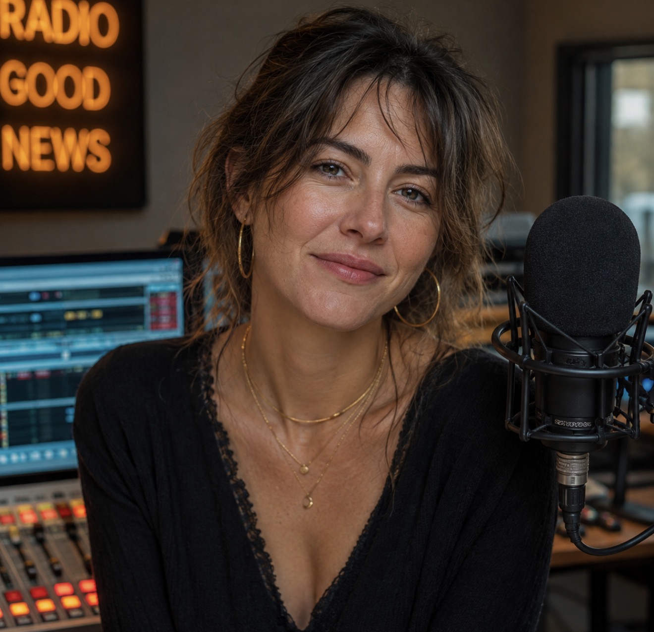 Une femme derrière un micro de studio, sous l'enseigne lumineuse Radio Good News, regard direct et tranquille.