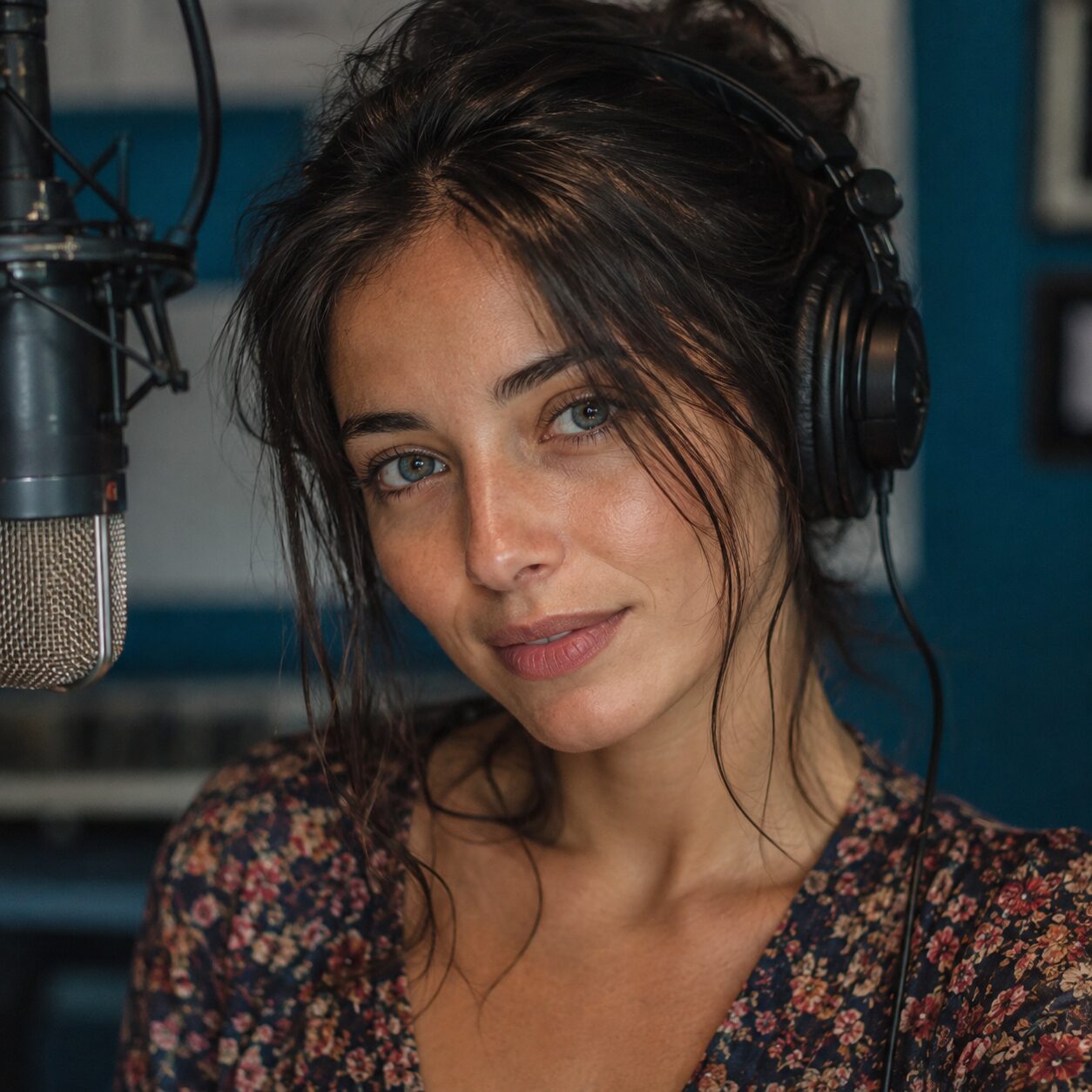 Une femme au casque, penchée vers un micro de studio devant un mur bleu, le regard tranquille.