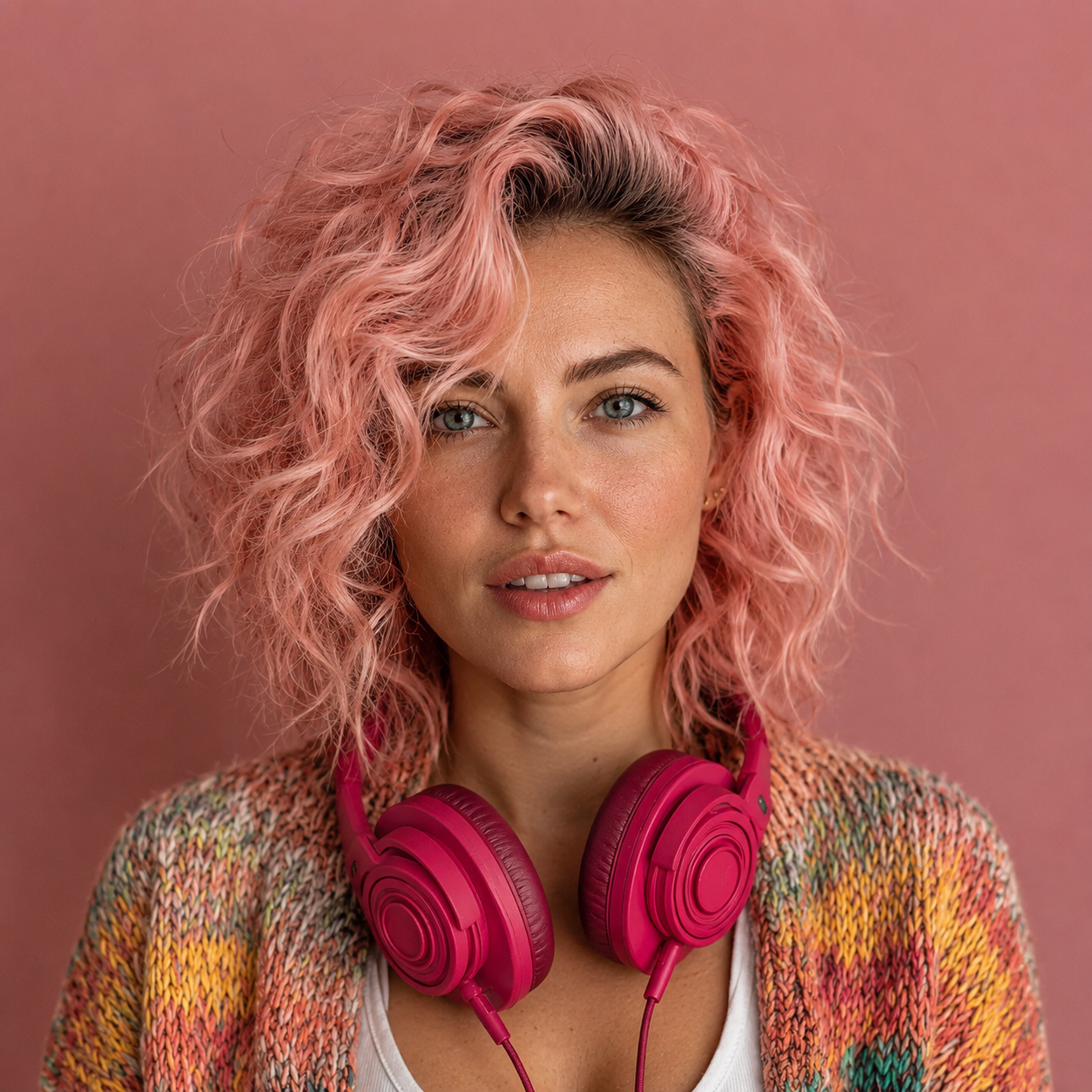Portrait avec casque rose dans une ambiance chaleureuse