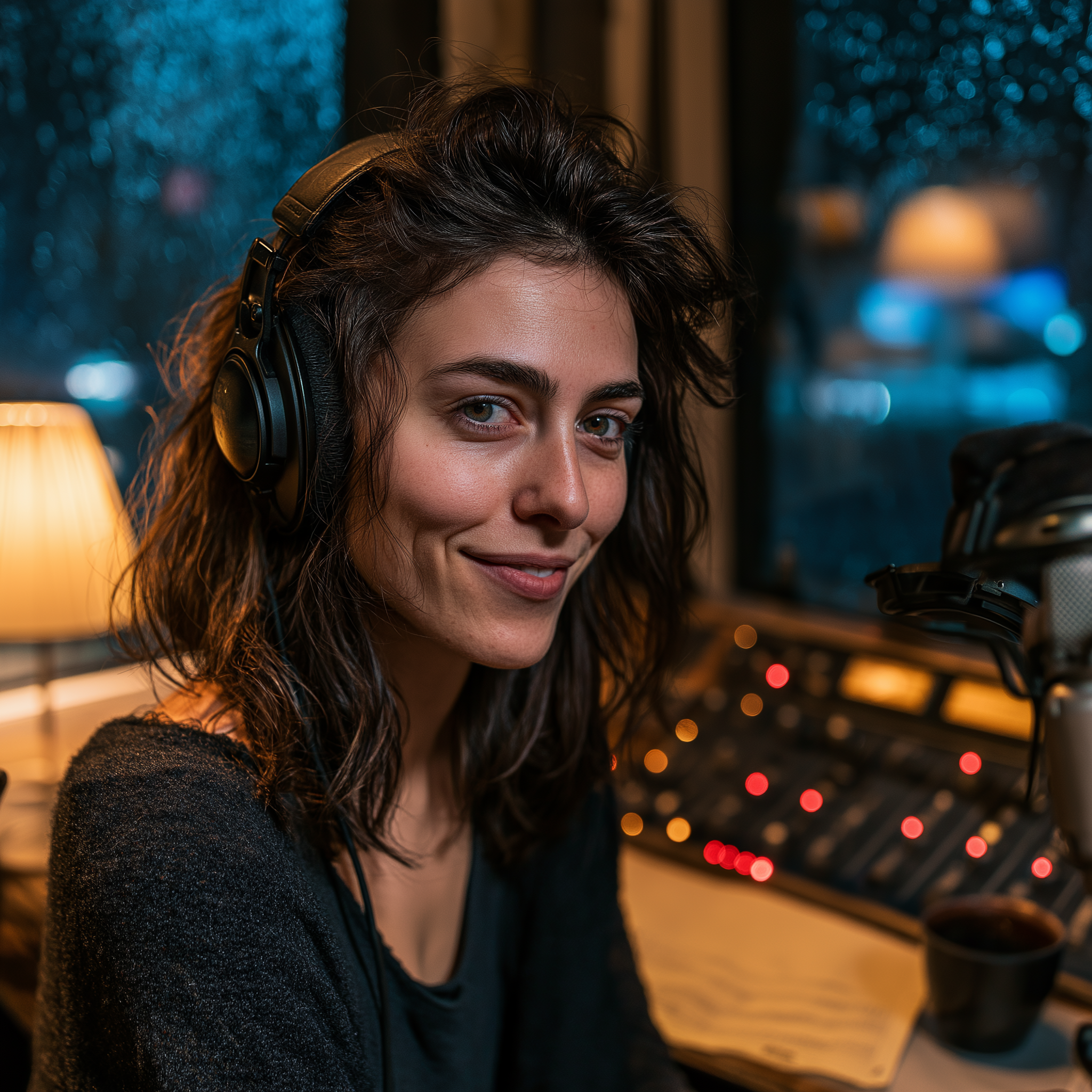 Animatrice radio dans un studio de nuit