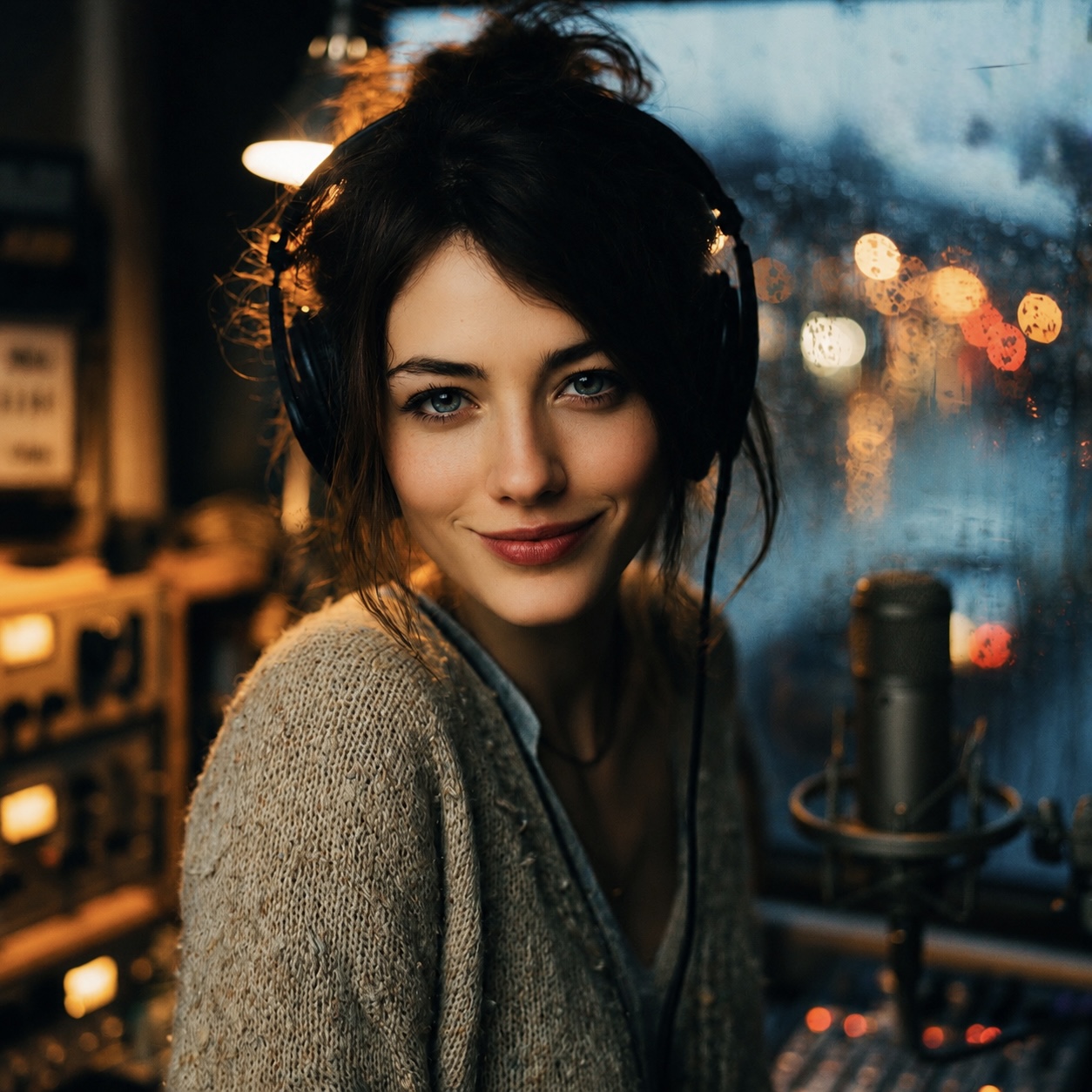 Animatrice radio souriante dans un studio pluvieux